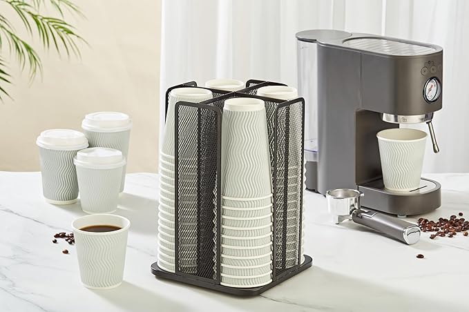 Annova Paper/Plastic Cup and Lid Holder Plastic Storage Organizer, 360°Rotating Coffee Cup Dispenser with 4 Compartments, Multifunctional Storage Rack for Home, Office, Bar, Coffee Shop (Black)-NeatNest
