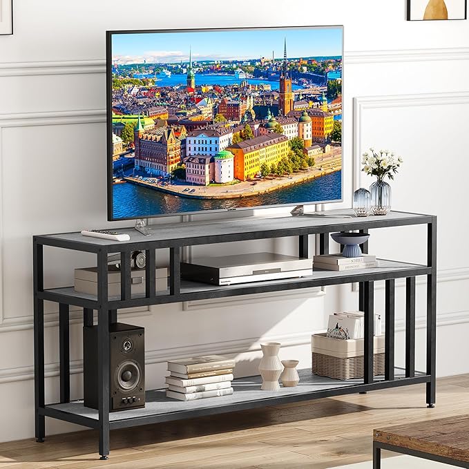 Garvee 58" TV Stand for Television up to 65 Inch, Entertainment Center with 3-Tier Open Shelves, TV Media Console Table Quadruple-Tube Support for Living Room, Entryway, Grey-NeatNest