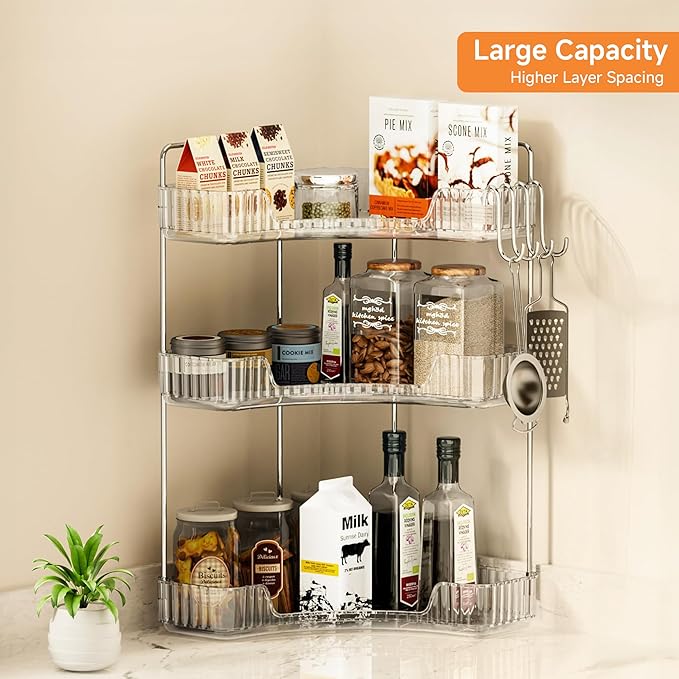 Makeup Organizer for Vanity 3-Tier Corner Bathroom Organizer Countertop with Hooks Bathroom Countertop Perfume Organizer Corner Bathroom Counter Corner Storage-Clear-NeatNest