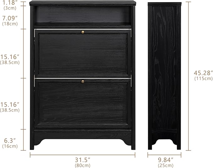 Chogori Solid Wood Shoe Storage Cabinet for Entryway - Narrow Freestanding Shoe Organizer with 2 Flip-Up Drawers, Hallway Shoe Rack with Sturdy Wooden Legs for Foyer, Living Room (1, Onyx Black)