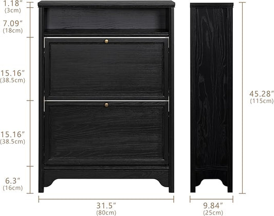 Chogori Solid Wood Shoe Storage Cabinet for Entryway - Narrow Freestanding Shoe Organizer with 2 Flip-Up Drawers, Hallway Shoe Rack with Sturdy Wooden Legs for Foyer, Living Room (1, Onyx Black)-NeatNest