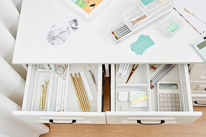 Annova Mesh Stackable Drawer Cabinet and Shelf Organizer Bins Storage Basket School Office Supply Holder Tray- Set of 2 (White, 3x9x2 Inch)-NeatNest