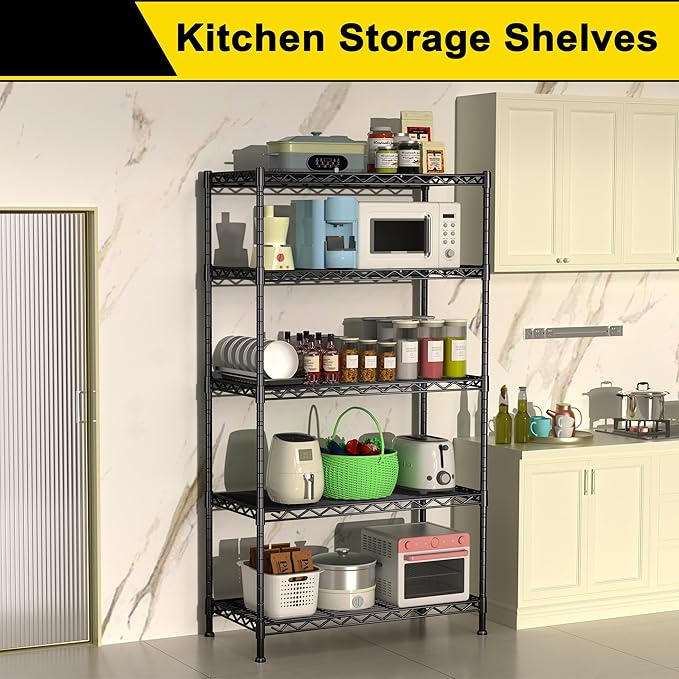 GIOTORENT 5-Wire Garage Shelving Storage Shelves, Kitchen Storage Adjustable Shelf, Metal Shelves 1600Lbs Capacity 36 Lx18 Wx72.2 H for Laundry Bathroom Pantry Closet, Black