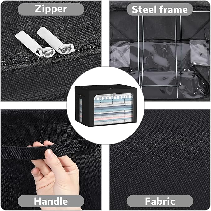2 Pack Clothes Storage Bins Stackable Metal Frame Storage Box Foldable Linen Fabric Box Organizer with Carrying Handles and Clear Window (Black, 15.7x 11.8x 11.7 Inch)-NeatNest