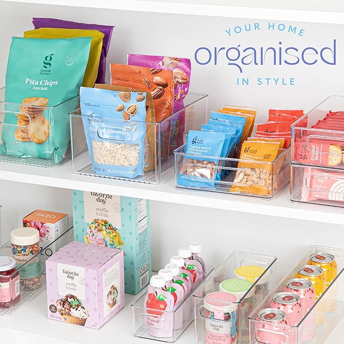 Clear Plastic Organizer Bins with Handles for Home Organization. Storage Containers for Organizing Fridge, Freezer, Cabinet. Pantry, Great for Kitchen, Garage, Laundry Room. 10"x8"x5"-NeatNest