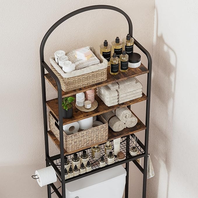 Homhedy 4-Tier Over The Toilet Storage with 4 Hooks and Paper Holder, Space Saving, Bathroom Organizer with Adjustable Feet, Metal Frame and Wooden Shelf,Rustic Brown and Black