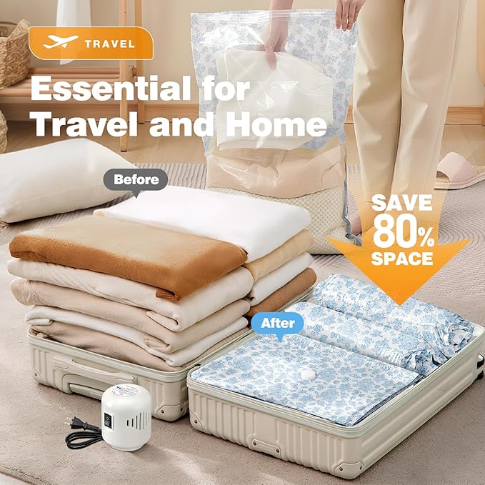 10 Pack Travel Vacuum Storage Bags with Electric Pump, 2 Large + 4 Medium + 4 Small Vacuum Sealer Bags, 80% Space Saver Bags for Luggage, Comforters and Blankets, Travel Essentials(Blue Flowers)-NeatNest