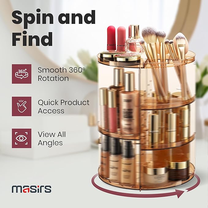 360 Rotating Makeup Organizer - Adjustable Shelf Height and Fully Rotatable - The Perfect Round Spinning Cosmetic Organizer for Bedroom Dresser or Vanity Countertop Storage (Brown)-NeatNest