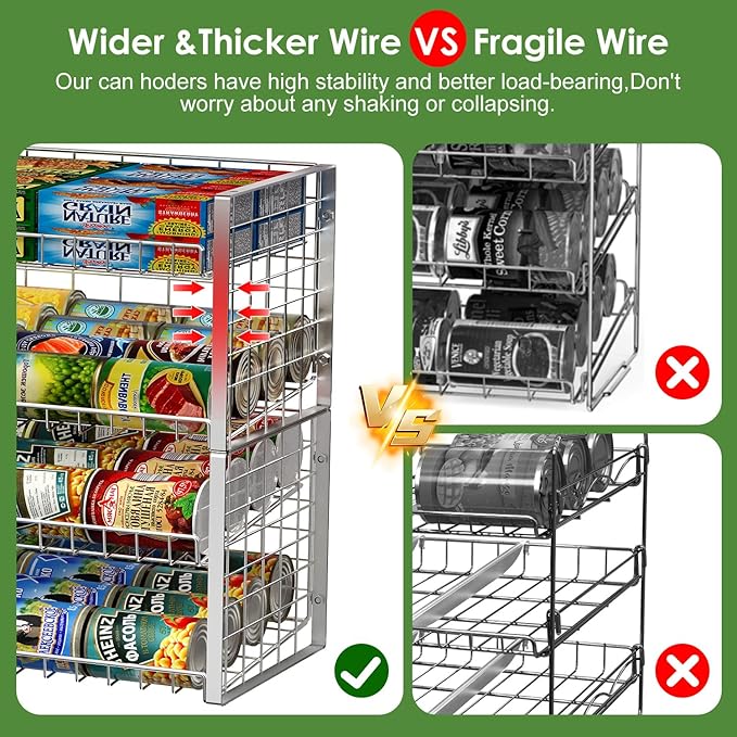 JKsmart 2-Tier Stackable Can Rack Organizer for Pantry, Adjustable Can Dispenser Holds Up to 62 Cans, Can Storage Holder for Various Ounces of Canned Food Soda Drinks, Silver, 2 Pack (Petent Pending)-NeatNest