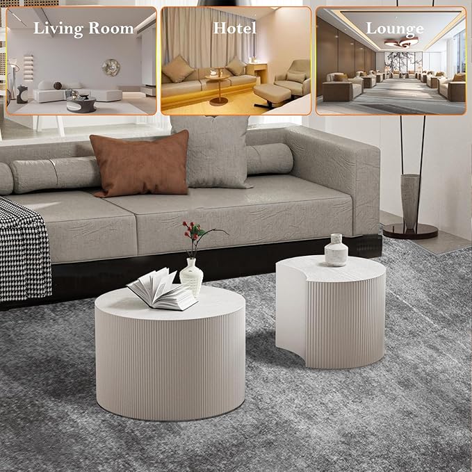 Modern Drum Coffee Table Set of 2 Stylish Minimalism Wave Stripe Fluted Nesting End Table - No Assemble, for Small Space (C-18.9IN+15IN)