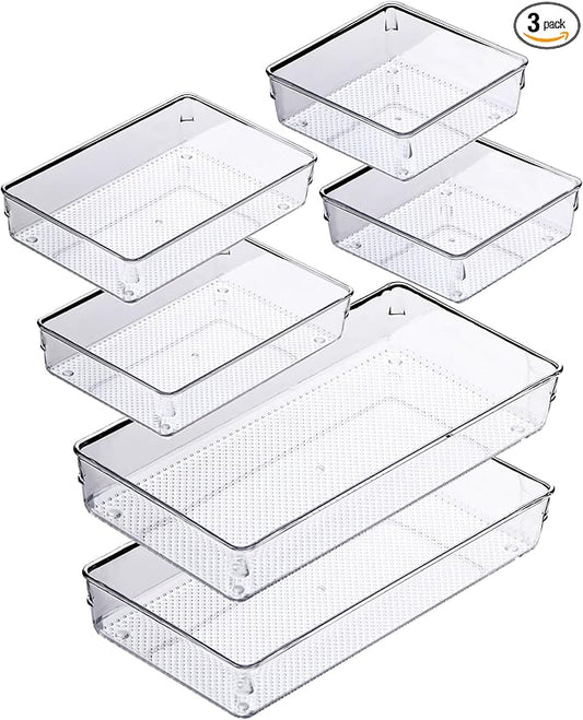 ihomecooker 3 Pack Clear Plastic Drawer Organizer Tray Cutlery Utensil Makeups Drawer Silverware Organizers 12" X 6"… (6P(6X6+6X9+6X15))-NeatNest