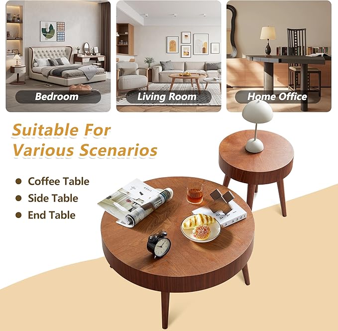 Farmhouse Round Coffee Table Set of 2, Rustic Sofa Side End Tables w/Wood Finish, Nesting End Table Set for Living Room, Bedroom (Walnut)