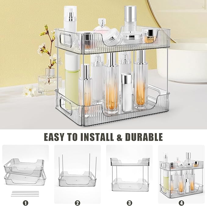2-Tier Bathroom Counter Organizer Countertop Storage, Dresser Organizer Vanity Tray for Makeup, Perfume Organizer Cosmetics Skincare Shelf- Grey-NeatNest