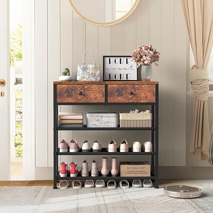 usikey Shoe Rack, 4 Tier Shoe Storage Organizer with 2 Drawers, Metal Shoe Shelf for 9-12 Pairs of Shoes, with 3 Fabric Shelves and Wooden Top, Shoe Stand for Closet Entryway, Rustic Brown-NeatNest