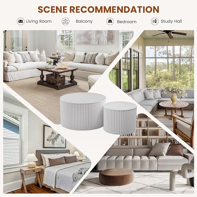 Round Wood Coffee Table Set of 2 Modern Circle Nesting Coffee Table Handcrafted Drum Nesting Table Nesting Coffee Tables for Living Room for Small Space (White (D27.56+D19.69 inch))