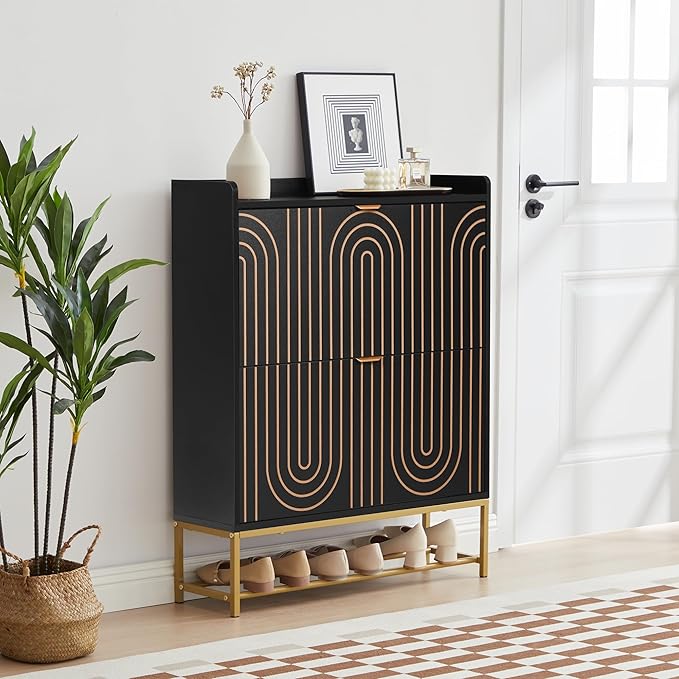 LEVNARY Narrow Shoe Storage Cabinet Set of 2, Mid-Century Modern 2-Tier Wooden Shoe Rack Organizer with Carving Lines, Freestanding Hidden Shoe Cabinet for Entryway Hallway Foyer (2, Black)-NeatNest