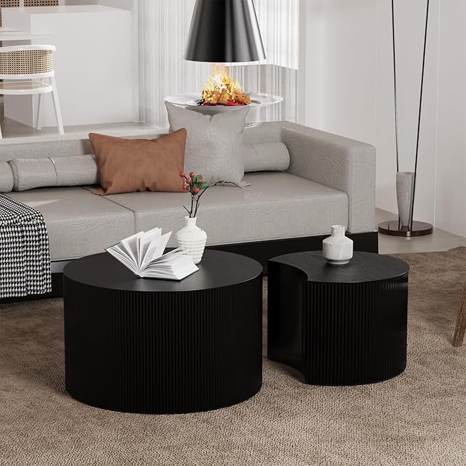 Round Nesting Coffee Table,Modern Fluted Coffee Tables Set of 2, Circle Vertical Stripe Design Drum Center Table Crescent Side Accent and Tables for Living Room (Black)