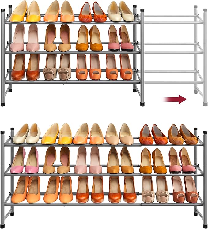 Tajsoon Expandable Shoe Rack for Closet 3 Tier, 28“-41“Adjustable & Stackable Shoe Shelf Storage, Metal Shoe Rack Organizer for Front Door Entrance, Closet, Garage, Entryway, Grey-NeatNest