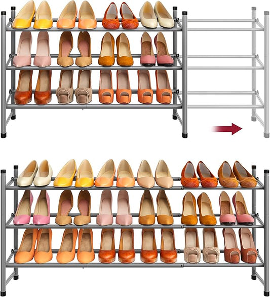 Tajsoon Expandable Shoe Rack for Closet 3 Tier, 28“-41“Adjustable & Stackable Shoe Shelf Storage, Metal Shoe Rack Organizer for Front Door Entrance, Closet, Garage, Entryway, Grey-NeatNest