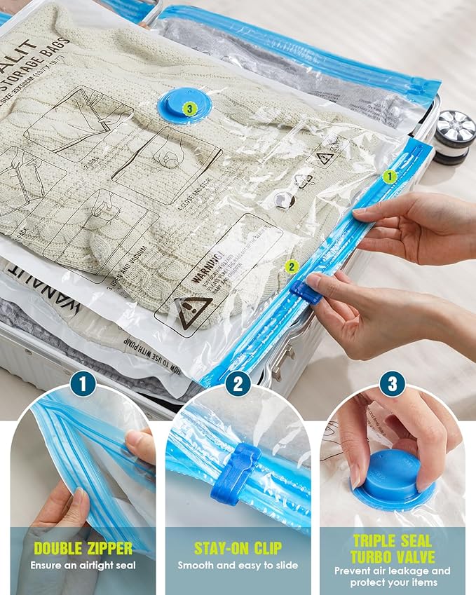 Vacuum Storage Bags for Travel, 8 Pack (4S+4XS) Vacuum Seal Bags with Wireless Rechargeable Electric Pump, Travel Essentials Space Saving Compression Bag for Clothes, Luggage, Suitcase, Backpack, Trip-NeatNest