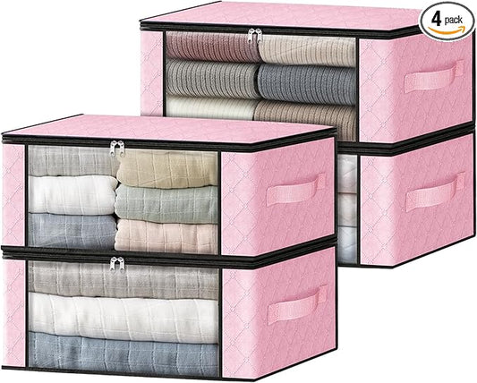 HomeHacks Storage 4-Pack Clothes Organizer Storage Bags Foldable Storage Box with Large Clear Window Sturdy Handles for Closet, Dorm, Pillows, Bedding, Clothes, Blankets, 35L, Pink-NeatNest