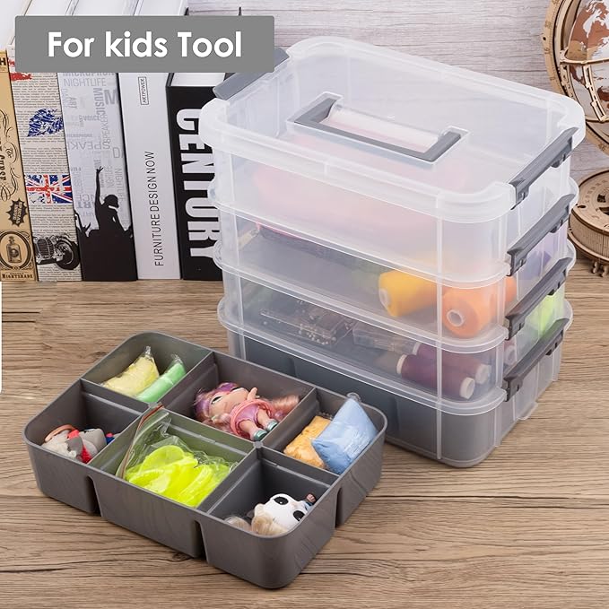 Grey&White Modern Plastic Storage Box - 4-Layer Durable Craft Storage Containers with 2 Removable Trays for Arts & Crafts Supplies, Sewing, Office, Seasonal Decor