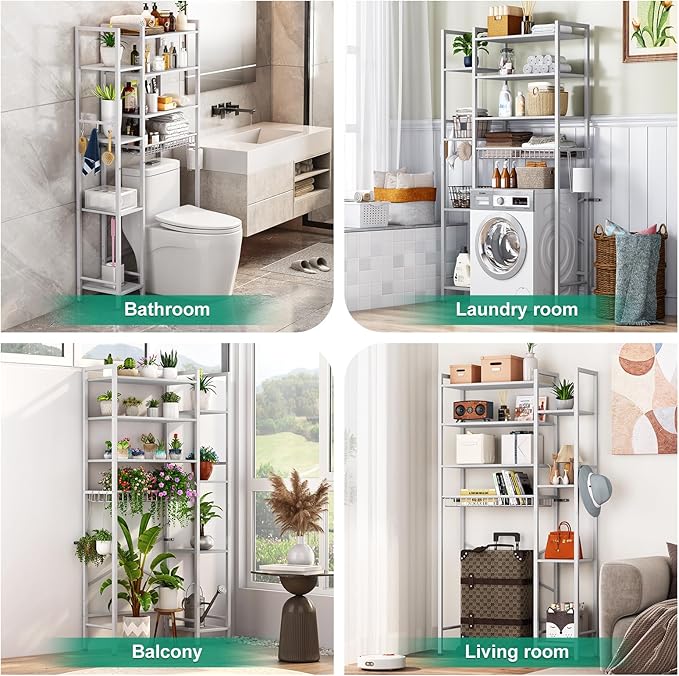 8-Tier Over The Toilet Storage with Side Rack, Over Toilet Storage Rack with Adjustable Shelf & Drain Basket, Freestanding Bathroom Organizer for Balcony, Laundry (Pure White)