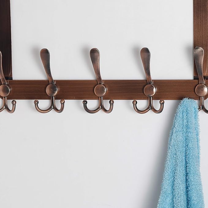 SKOLOO Over The Door Hook - for Doors up to 1-3/4'' Thickness, Pack of 2, Metal Door Hanger with 5 Triple Hooks, Copper Red Over The Door Hanger for Coats, Hats,Towels, Assembly Required