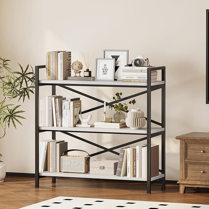 Homeiju 3 Tier Bookshelf 31.49" Width, Wood and Metal Etagere Bookcase, Vintage Farmhouse Modern Wooden Big Book Shelf for Home Living Room Bedroom Office Storage(White)