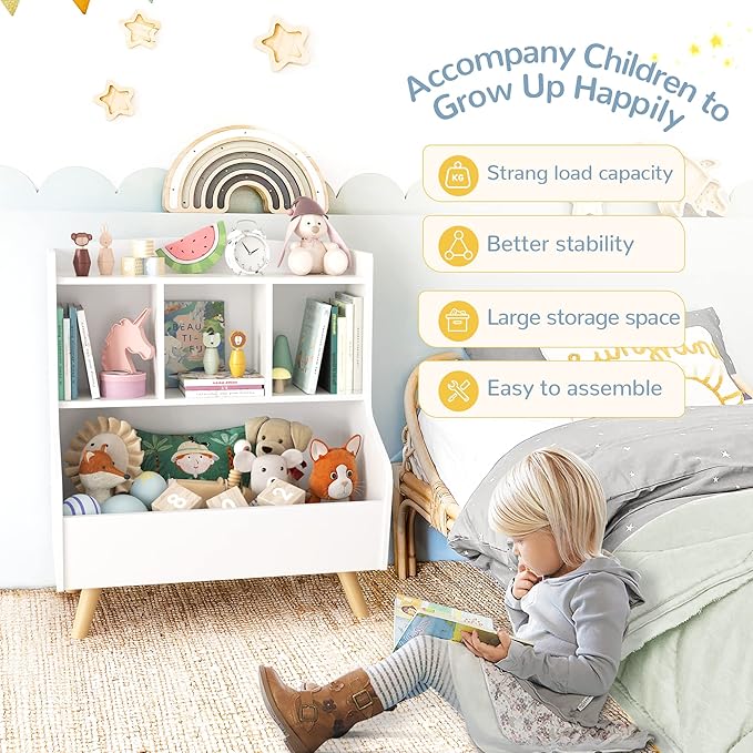 Curipeer Kids Bookshelf and Toy Storage, 3-Tier Wooden Open Bookcase, Baby Book and Toy Storage Display Organizer with Spacious Top Shelf Children, Friends, Family, White-NeatNest