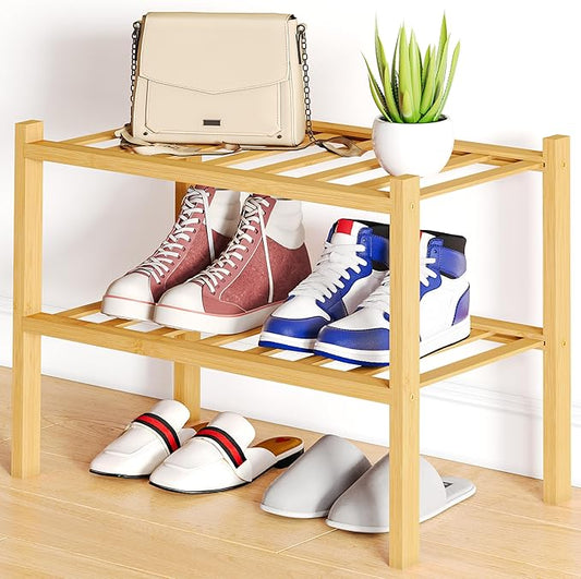 Smiry Shoe Rack, 2 Tier Small Bamboo Shoe Organizer, Stackable Free Standing Wooden Shoe Storage Shelf for Closet, Entryway, Front Door Entrance, Natural-NeatNest