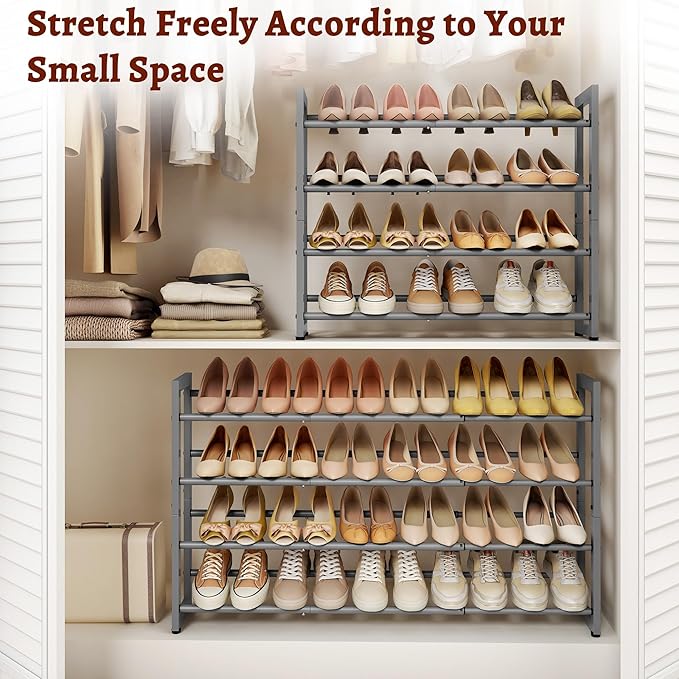 FAVOOSTY 4-Tier Expandable Shoe Rack, Adjustable Shoe Shelf Storage Organizer Space Saving Metal Free Standing Shoe Rack for Entryway Closet Doorway, Silver Grey-NeatNest