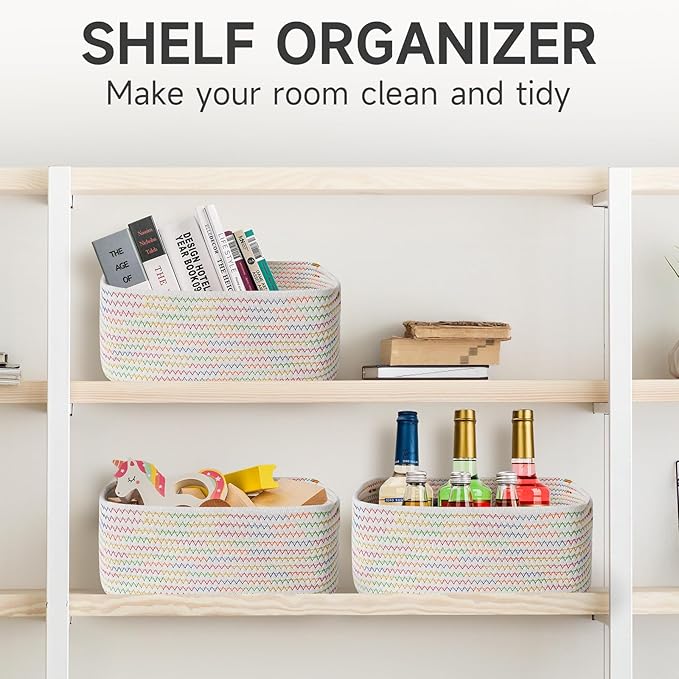 3-Pcs Shelf Baskets for Organizing, Closet Organizer Bins, Small Woven Baskets, Rope Toy Basket, Storage Basket for Shelves, Cube Decorative Box, 11.5×7.5×4.7”, Rainbow-NeatNest
