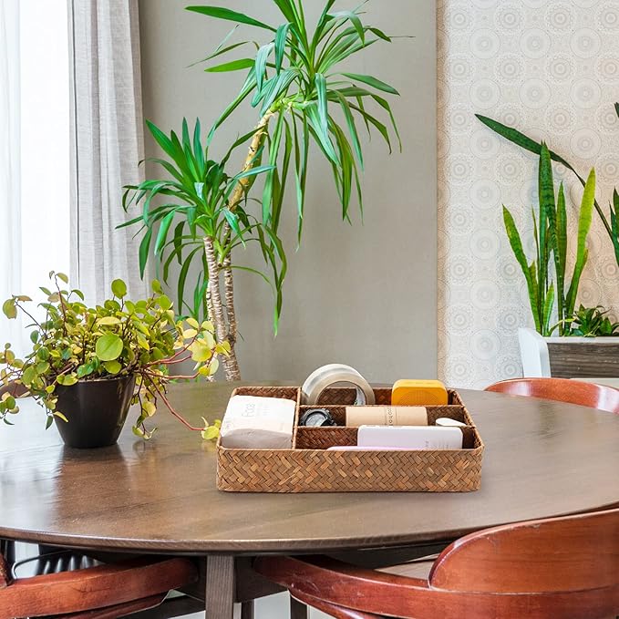 DECRAFTS Seagrass Storage Basket with Compartments Utensil Tray for Organization Silverware Flatware Rectangular Shelf Baskets with 4 Sections Natural-NeatNest