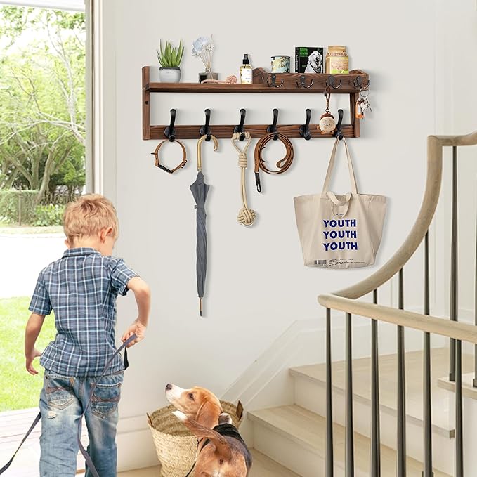 Coat Rack Wall Mount with Shelf, 27.5" Entryway Wall Hanging Shelf, Coat and Key Hanger with 10 Dual Hooks, Mail Organizer and Key Holder Hat Rack for Wall, Wood Coat Hooks with Storage-NeatNest