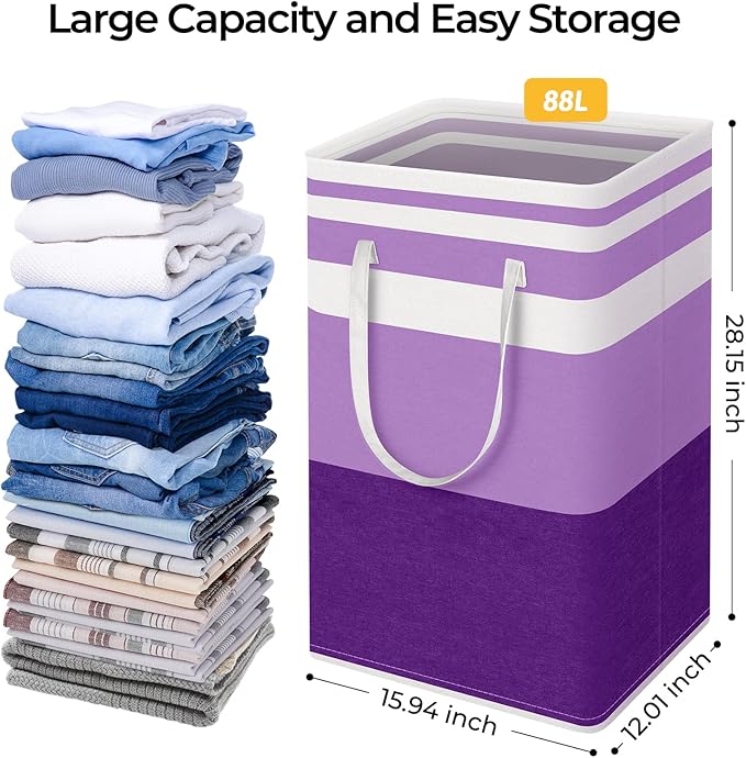 HomeHacks 2 Pack Large Laundry Baskets, Waterproof, Freestanding Laundry Hampers, Collapsible Clothes Hamper with Reinforced Handles in Laundry, College Dorm, Bathroom, Bedroom (Purple, 88Lx2)-NeatNest