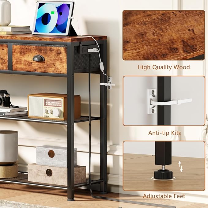 Furologee Console Table with Charging Station & 3 Fabric Drawers, 38'' Entryway Table with Storage Shelves and LED Light for Entry Way, Industrial Display Shelf for Hallway, Foyer, Rustic Brown-NeatNest