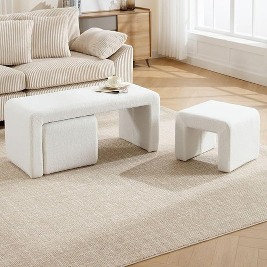 LukeAlon 3-Piece Nesting Ottoman Bench Set, 40.5" Wide Upholstered End of Bed Bench with 2 Small Stools Sherpa Comfy Entry Bench Vanity Stools Modern Arched Bench for Living Room Bedroom, White