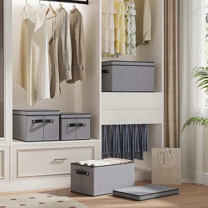 Clothing Storage Bins, Blanket Baskets for Shelves, Fabric Cubes with Handles and Lids, Decorative Linen Closet Organizers Boxes, Gray, 3 Pack, 16.5 x 11.8 x 10.2 Inch-NeatNest