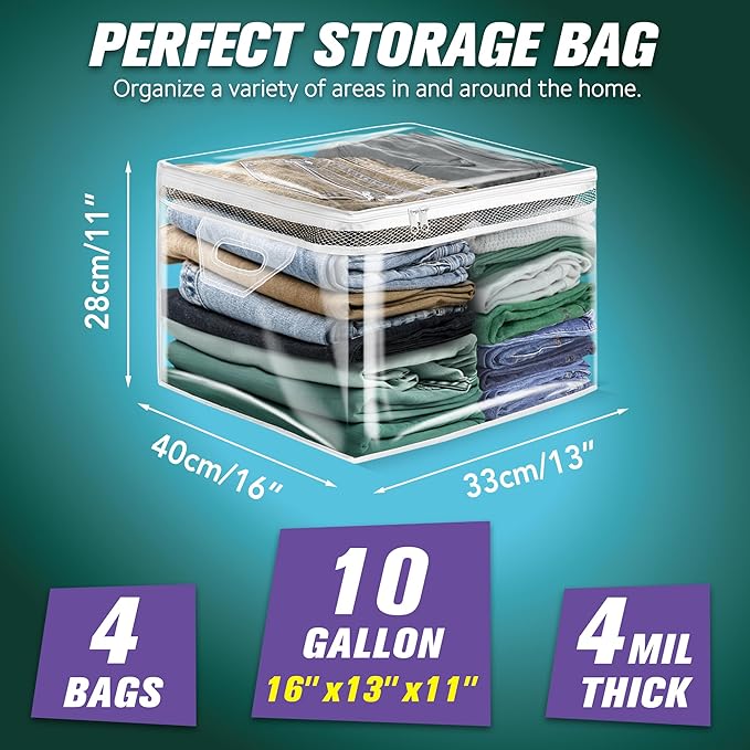 HIBAG 10 Gallon Large Storage Bag for Clothes, Zipper Clothing Storage Bag, Clear Organizer with Reinforced Handles, for Closet and Underbed Storage (4 Pack)-NeatNest