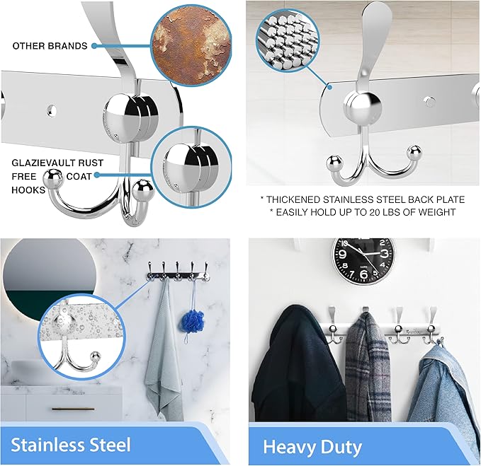 GlazieVault Coat Rack Wall Mount - Stainless Steel Coat Hooks (2 Pack) - Heavy Duty Wall Hooks for Clothes & Accessories-NeatNest