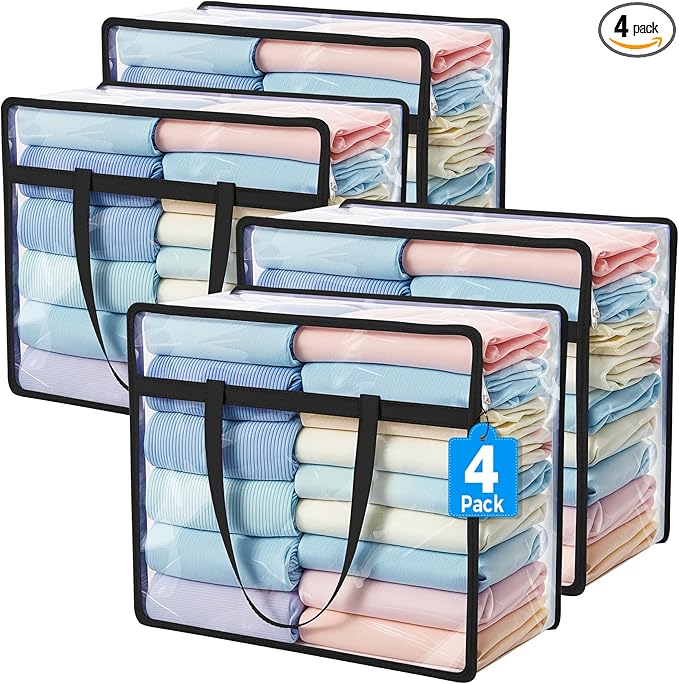 Budding Joy Clear Zippered Storage Bags for Clothes,40L Closet Organizers and Storage Containers Vinyl Moving Bag for Bedding, Linen, Blankets, Comforters, Clothing & Toys, Black, 4 Pack-NeatNest