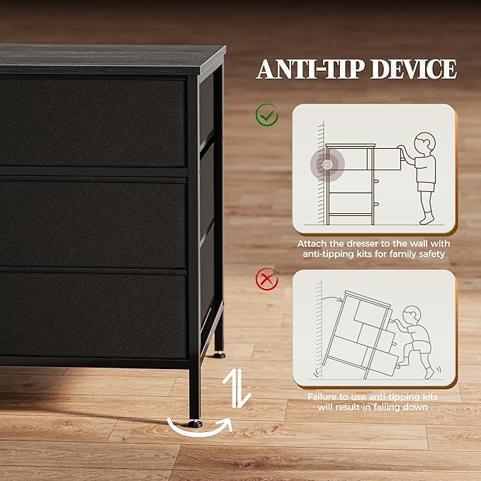 Huuger 63 Inch Dresser for Bedroom, Long Dresser with 10 Fabric Drawers, Large TV Stand for 55, 65, 70 Inch TV, Toy Storage Organizer for Closet, Charcoal Black Wood Grain Print-NeatNest