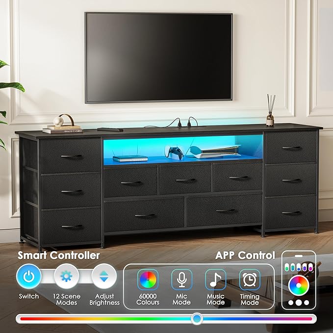 Huuger 63 Inch TV Stand for 65, 70 Inch TV, 11 Drawer Long Dresser with Power Outlets and LED Lights, Entertainment Center with Storage, Black Dresser with PU Leather Surface