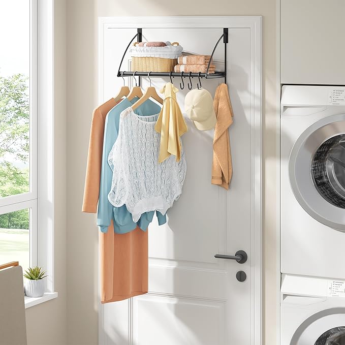 Tajsoon Over The Door Hanger with Storage Rack and 6 Hooks, Over The Door Clothes Racks for Hanging Towel & Coat, Door Rack Hanger for Bathroom, Bedroom, Living Room, Black