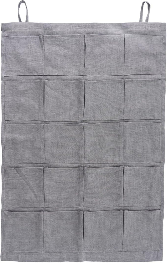 100% Linen Hanging Storage Bag with 20 Pockets, Wall Hang Over The Door Closet Organizer for Socks Underpants, Gray