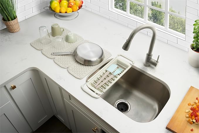Clorox KeptClean 2-Piece Folding Kitchen Sink Mat and Sink Organizer – Folding Mat for Elevated Drying and Storage, Extending Organizer Dries 6 Plates, Flips to Dry Accessories – Almond Cream
