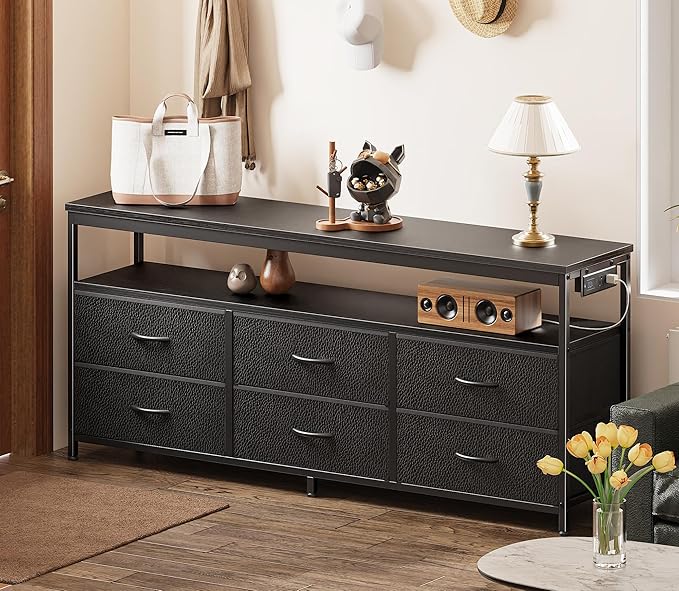 Huuger LED TV Stand for Bedroom, 55 Inch Fabric Dresser with Power Outlets, Entertainment Center for 60, 55, 50 Inch TV, 6 Drawer Dresser for Bedroom, Chest of Drawers with Shlef, PU Leather, Black-NeatNest