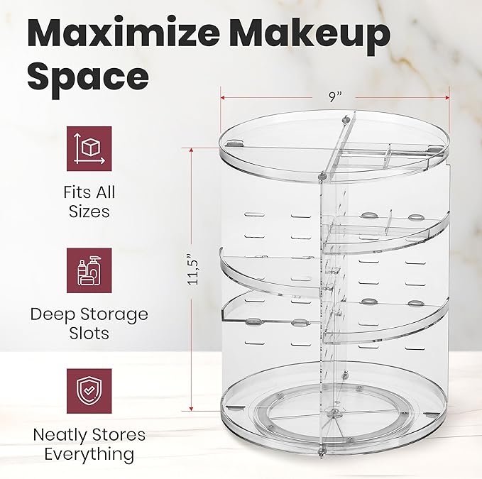 Masirs 360 Rotating Makeup Organizer - Adjustable Shelf Height and Fully Rotatable - The Perfect Round Spinning Cosmetic Organizer for Bedroom Dresser or Vanity Countertop Storage (Clear)-NeatNest