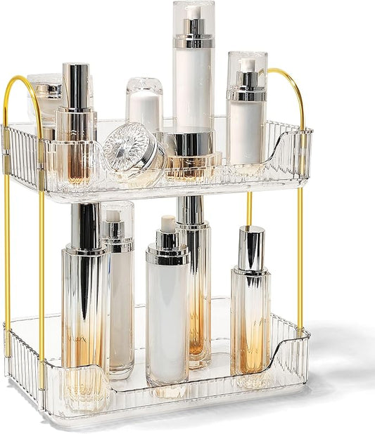 Bathroom Counter Organizer Countertop Storage Skincare Countertop Makeup Organizer Cosmetics Skincare Organizers Holder for Perfume-Clear-golden pole-NeatNest